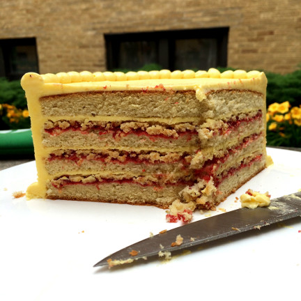 Brown Butter & Lime Cake, with Strawberry Jam, Cornflake Crunch, and Corn Buttercream